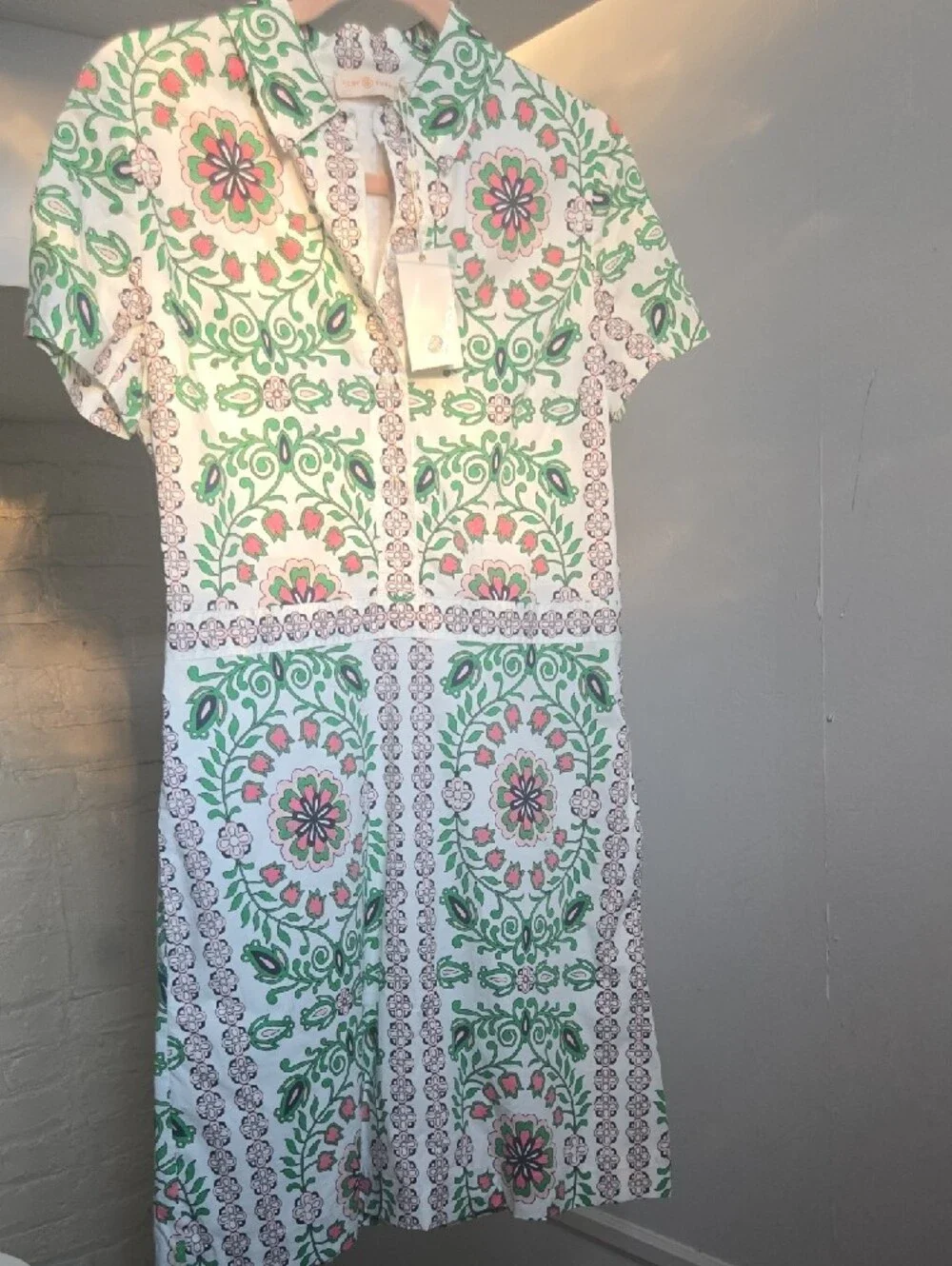 Tory Burch White Dress with Green and Pink Medallion Print